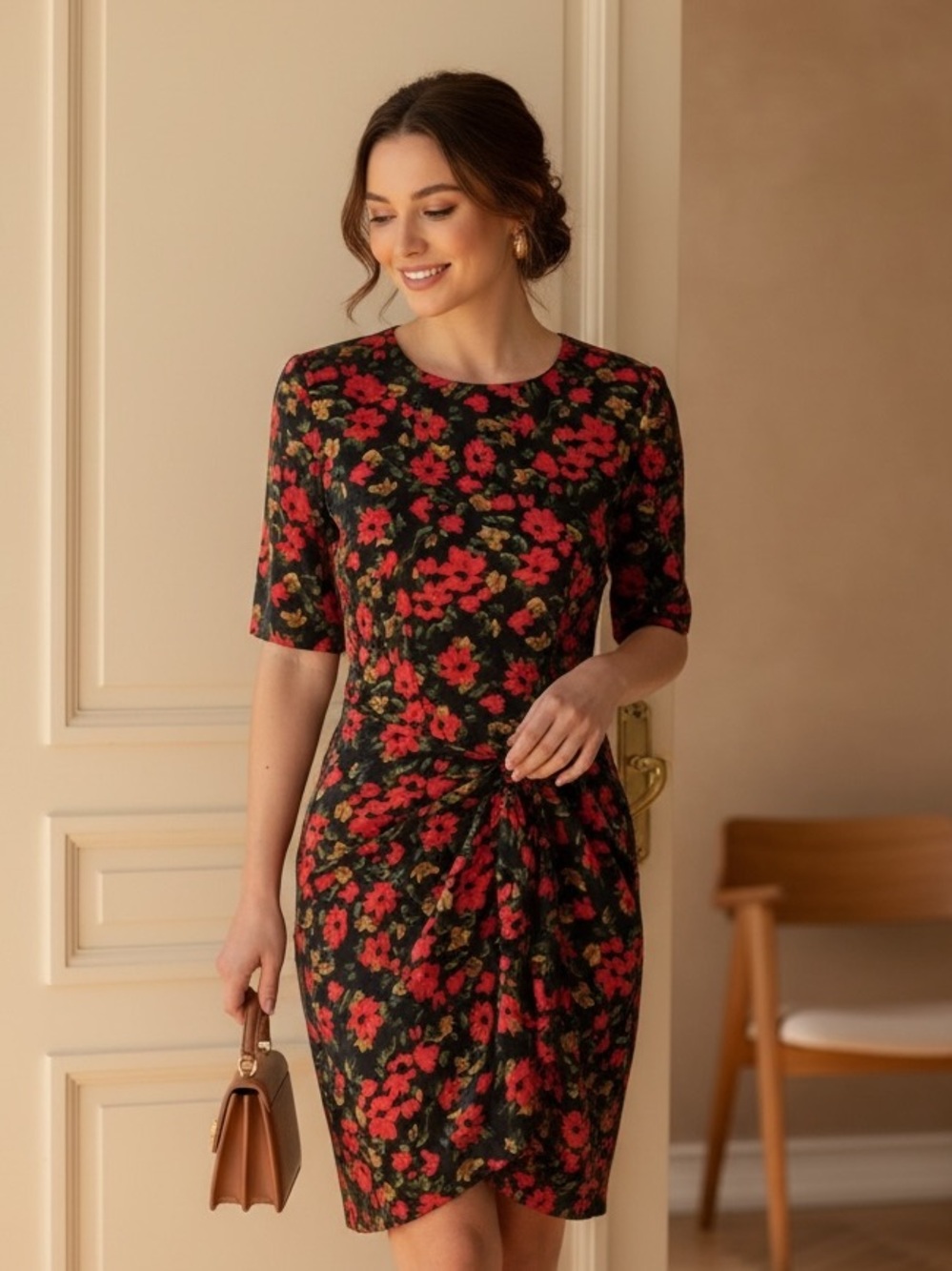 Mary Jo Bruno vintage Inspired Midi Floral KnotFront Sheath Silk Dress in Size 6